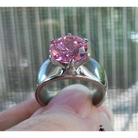 STAINLESS STEEL Simulated Pink Sapphire Solitaire Band Ring - Picture 6 of 16